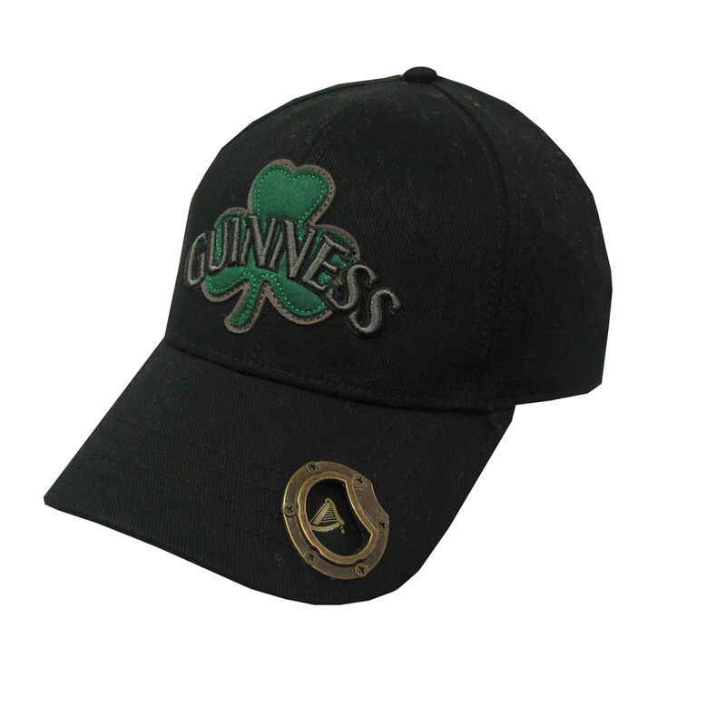 Black Guinness Baseball Cap With Bottle Opener And Green Shamrock Design