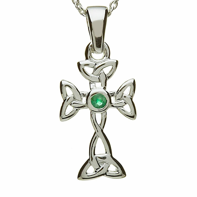 Hallmarked Sterling Silver Pendant Trinity Knot Cross Design And Green Centre