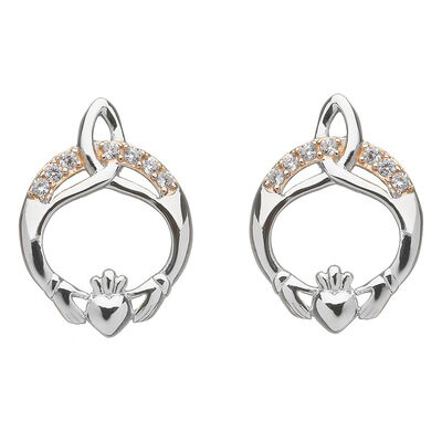 Hallmarked Sterling Silver Rose Gold Cubic Zirconia Claddagh Earrings