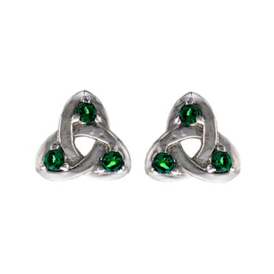 Hallmarked Sterling Silver Trinity Knot Stud Earrings With Emerald Cubic Zirconia stone