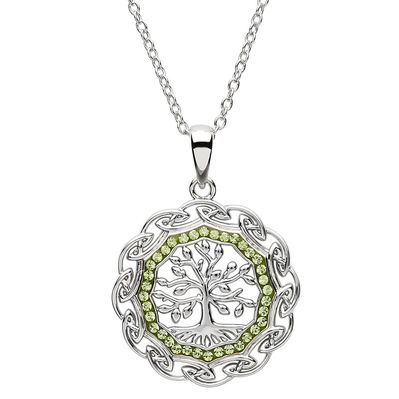 Platinum Plated Tree Of Life Pendant With Clear And Peridot Swarovski Crystals