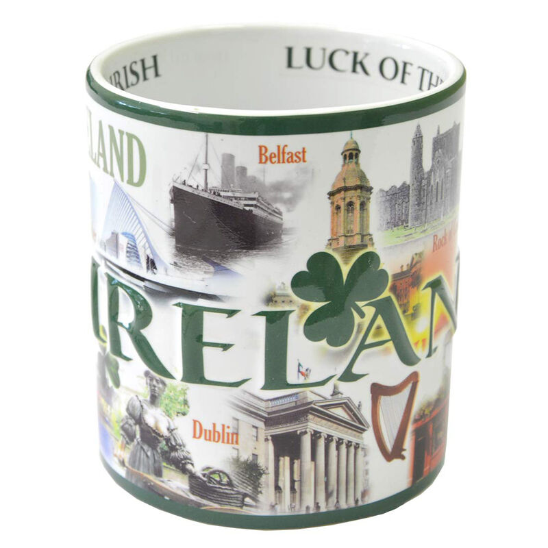 Famous Landmarks Of Ireland XXL Mug With Shamrocks And Green Text
