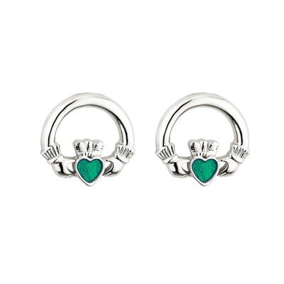 Rhodium Plated Claddagh Earrings With Emerald Cubic Zirconia Stone