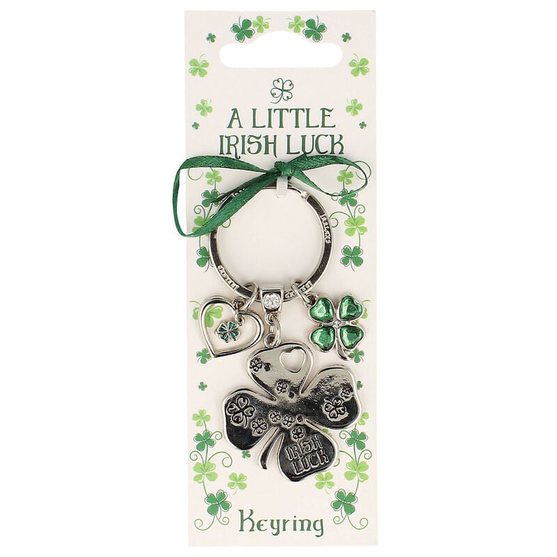 Silver Metal Keychain With 4 Leaf Clover Charm And 'Irish Luck' Text Design