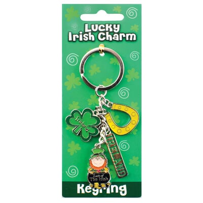 Irish Style Charm Keychain With Horseshoe  Shamrock and Leprechaun In Pot Of Gold