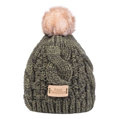 Kids Knit Style Aran Cable Knit Tammy Bobble Hat  Dark Green Colour