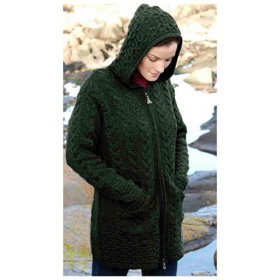100% Merino Wool Hooded Coat With Double Full Zipper, Green Colour