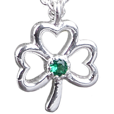 Silver Plated Shamrock Emblem Of Ireland Open Designed Ribbon With Green Zirconia Stone Pendant