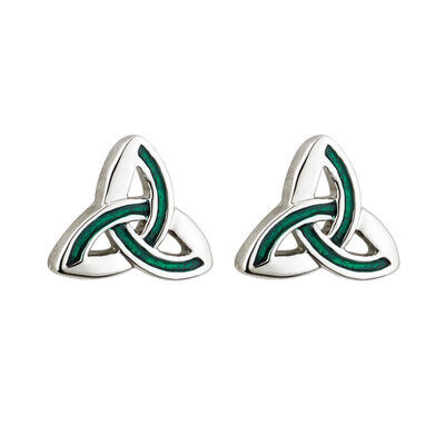 Rhodium Plated Trinity Knot Stud Earrings With Green Enamel Panels