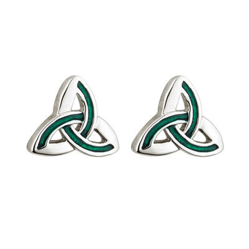 Rhodium Plated Trinity Knot Stud Earrings With Green Enamel Panels
