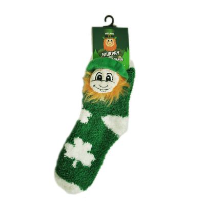 Green Fleece Kids Socks with White Polka Dots andamp; Soft Leprechaun Head