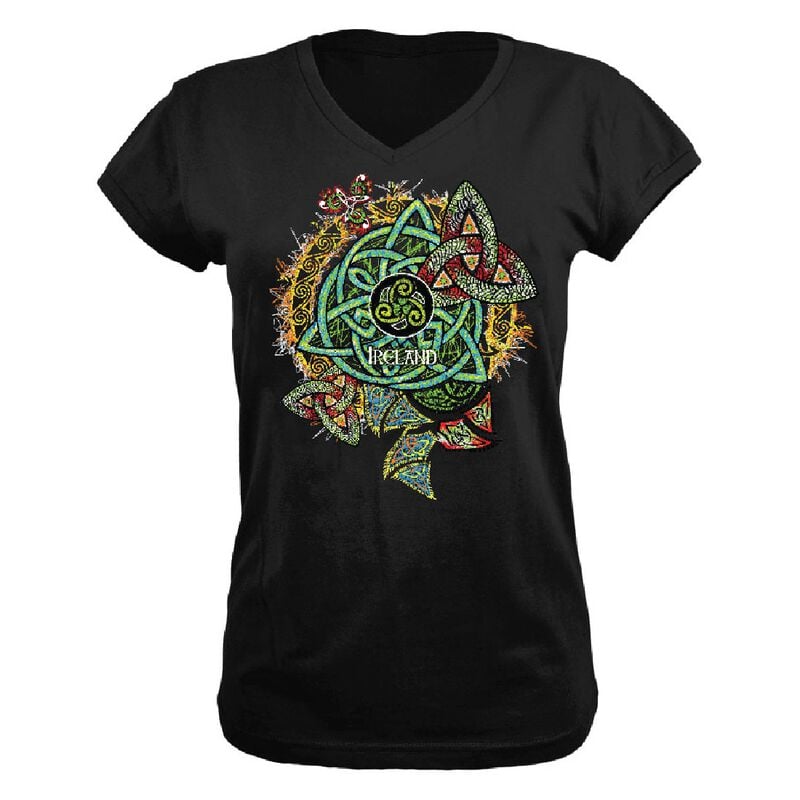 Black Ladies V-Neck T-Shirt With Ireland Celtic Knot Designs