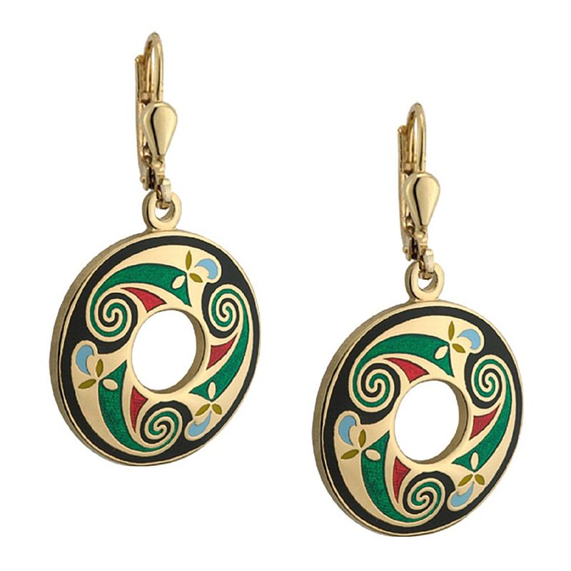 Gold Plated Round Earrings – Black  Green  Red  Gold Celtic Swirl