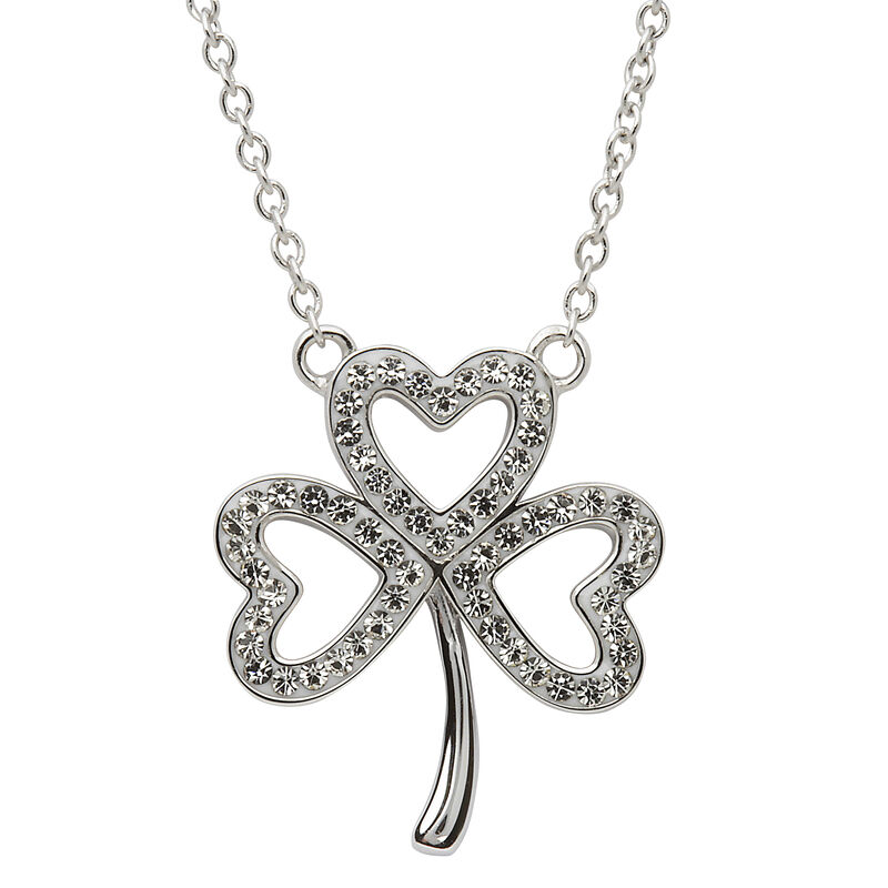 Platinum Plated Open Shamrock Pendant With Clear Swarovski Crystal