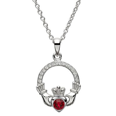 Shanore Claddagh July Ruby Birthstone Pendant Adorned With Crystal