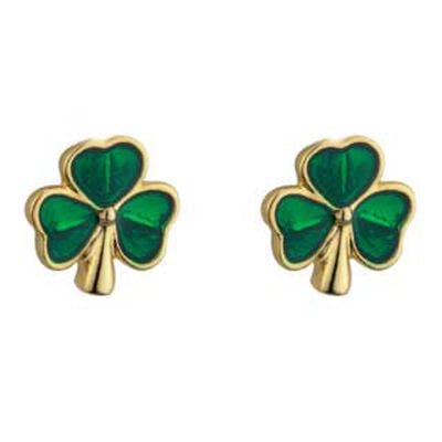 Gold Plated Shamrock  Stud Earrings With Green Leaves