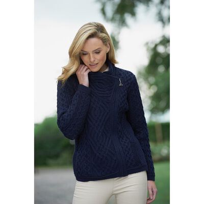 100% Merino Wool Cable Knit Cardigan With Side Zip  Navy Colour