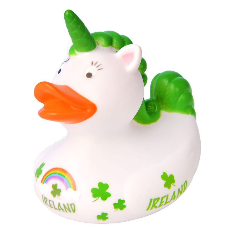 White Irish Unicorn Rubber Duck With Small Green Shamrock Design and Ireland Text
