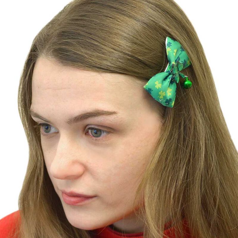 Luck Of The Irish Green Shamrock Bow Hair Clips With Extra Mini Shamrocks Design