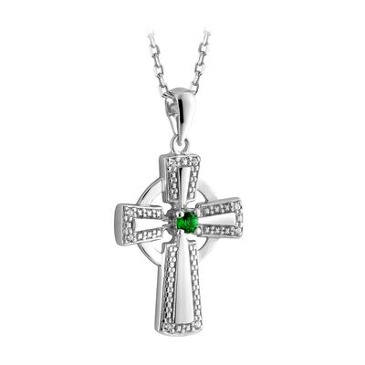 Sterling Silver Irish Celtic Cross Necklace With Green Gem Detail