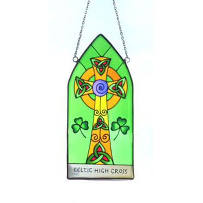8" Stained Glass Hanging Panel With Celtic High Cross Design