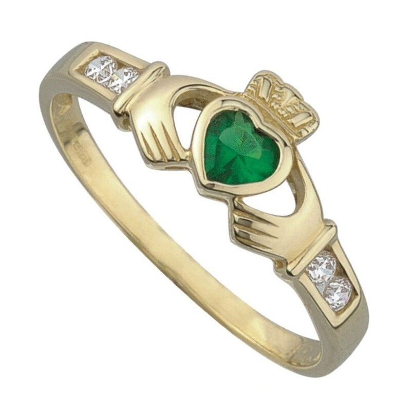 9 Carat Gold Claddagh Ring With Emerald Cubic Zirconia Stone