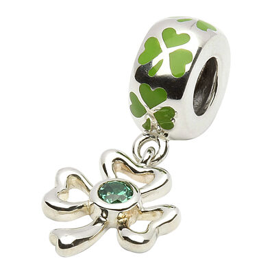 Hallmarked Sterling Silver Green Bead Charm With Drop Shamrock Design