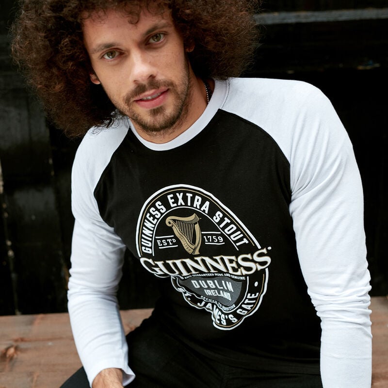 Black And White Guinness Long Sleeve T-Shirt With Dublin Ireland Label