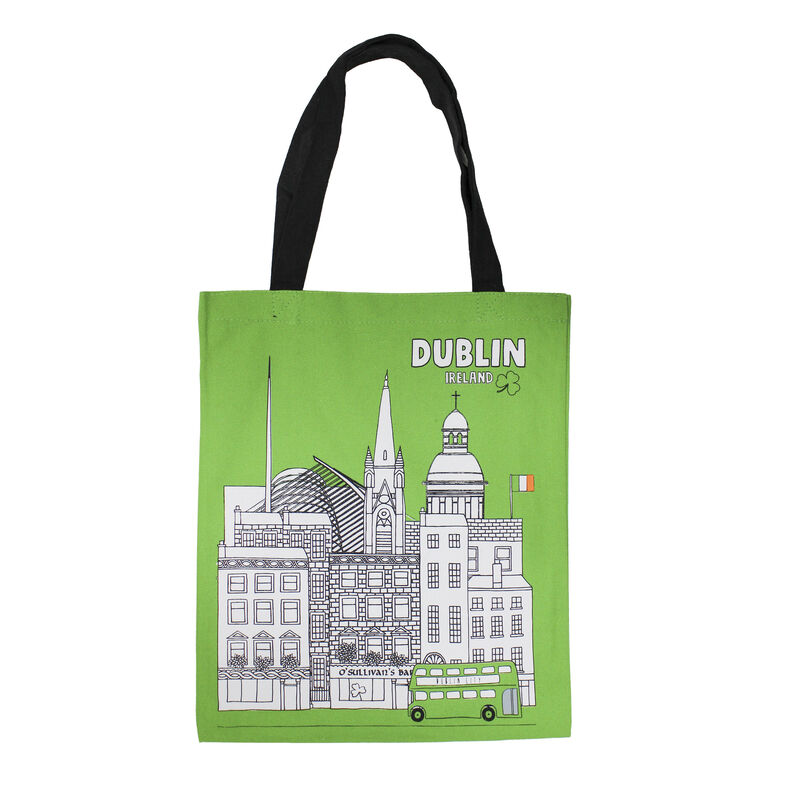 Printed Green Canvas Shopping Bag Of Famous Historic Dublin Landmarks