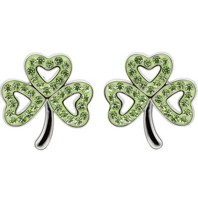 Platinum Plated Shamrock Stud Earrings With Peridot Crystals