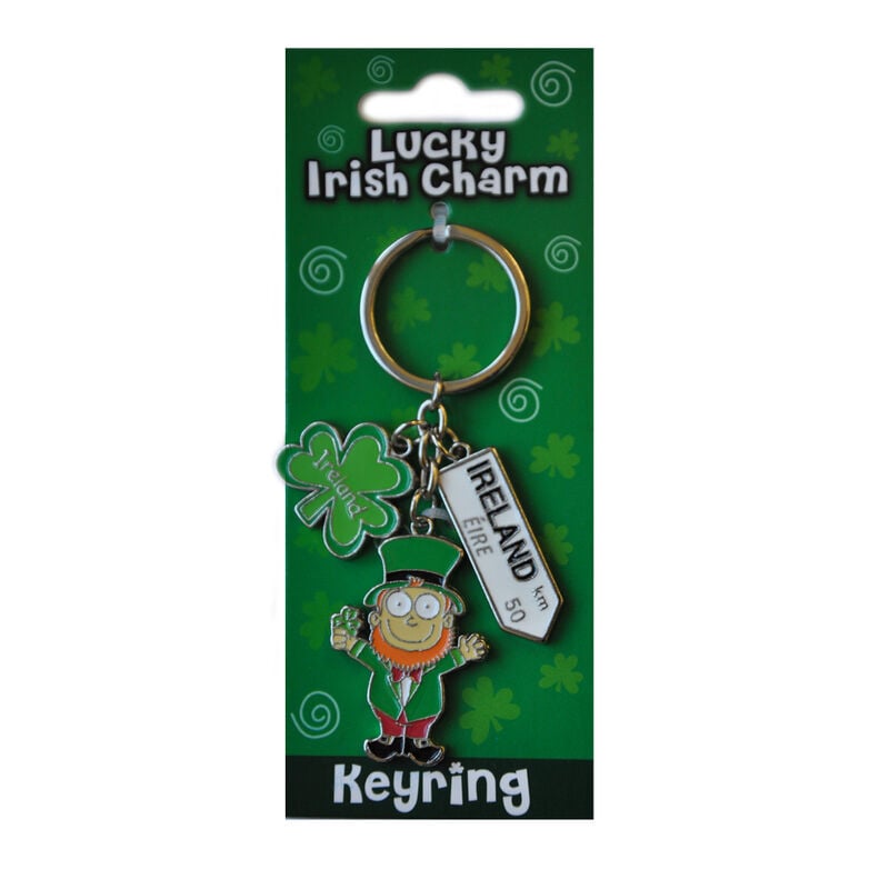 Irish Leprechaun Style Charm Keychain With Ireland Road Sign