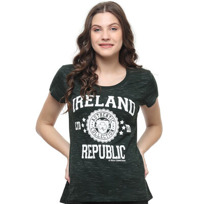 Ladies T-Shirt With Ireland Republic LTD EDT Varsity Shield  Forest Green Colour