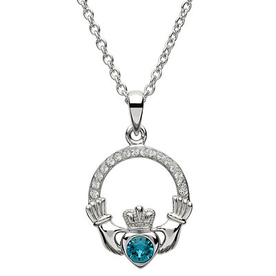 Shanore Claddagh December Blue Topaz Birthstone Pendant Adorned With Crystal