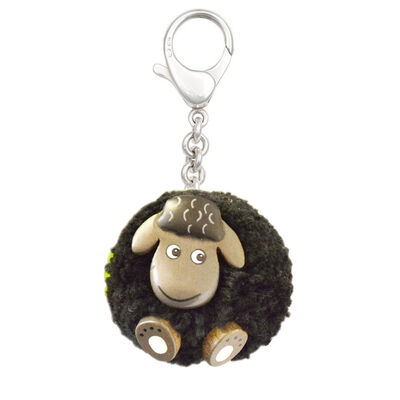 Black Fluffy Sheep With Shamrock Handmade Natural Wood Keychain