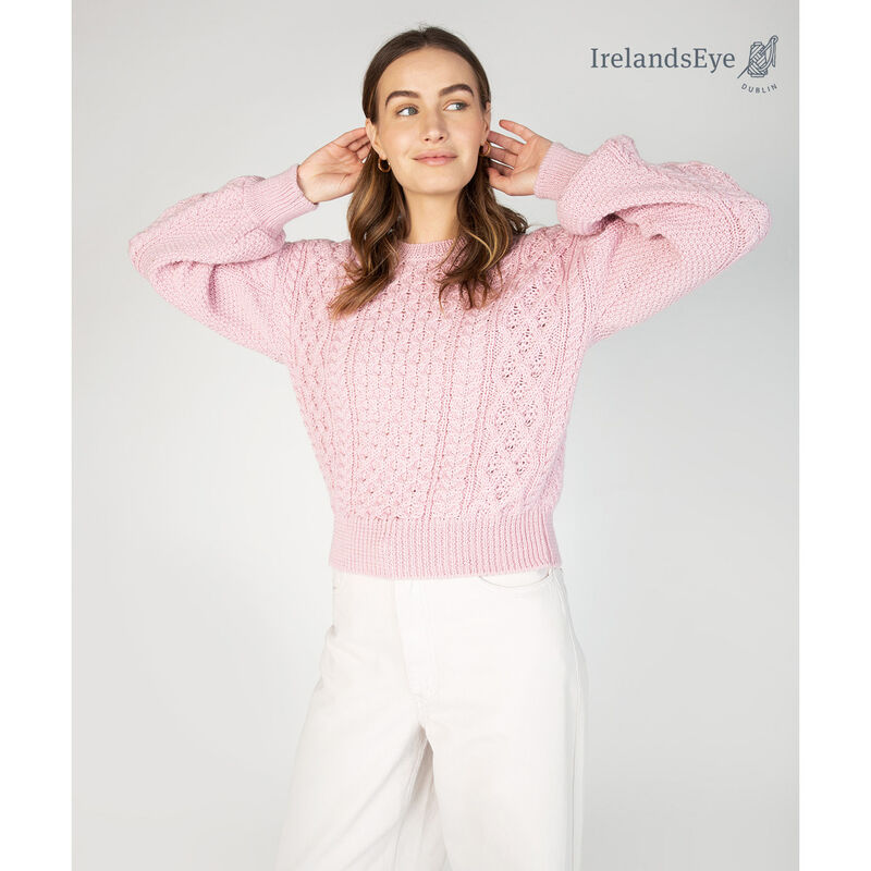 IrelandsEye Knitwear Honeysuckle Cropped Aran Sweater, Pink Colour