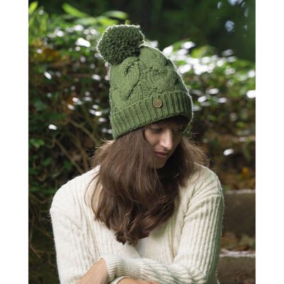 Irish Knitwear Co Large Aran Cable Knitted Pattern Bobble Hat, Forest Green Colour