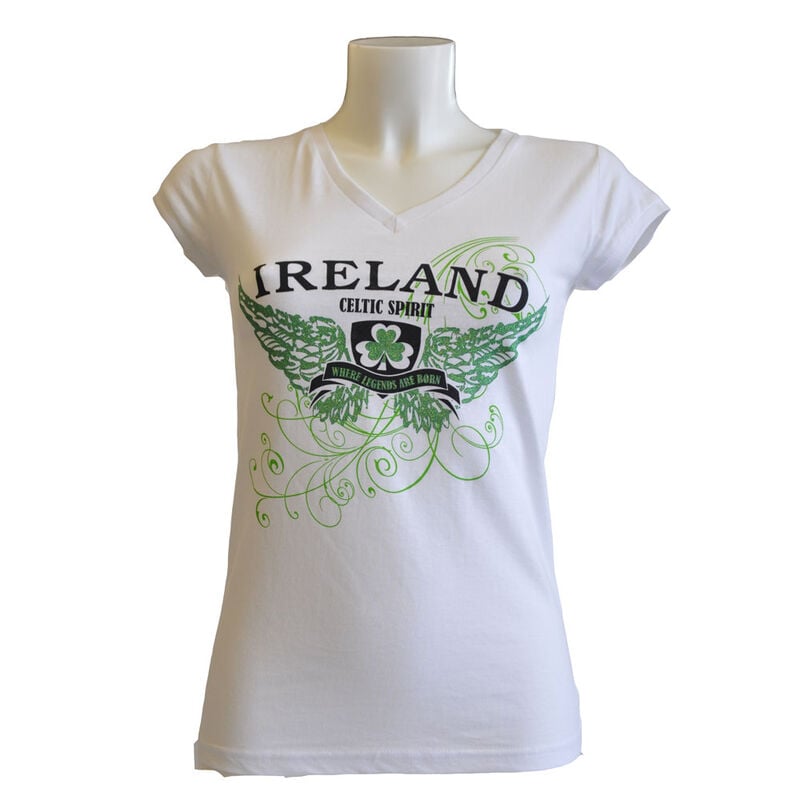 Ladies Fitted V-Neck T-Shirt With Ireland Wings Print  White Colour