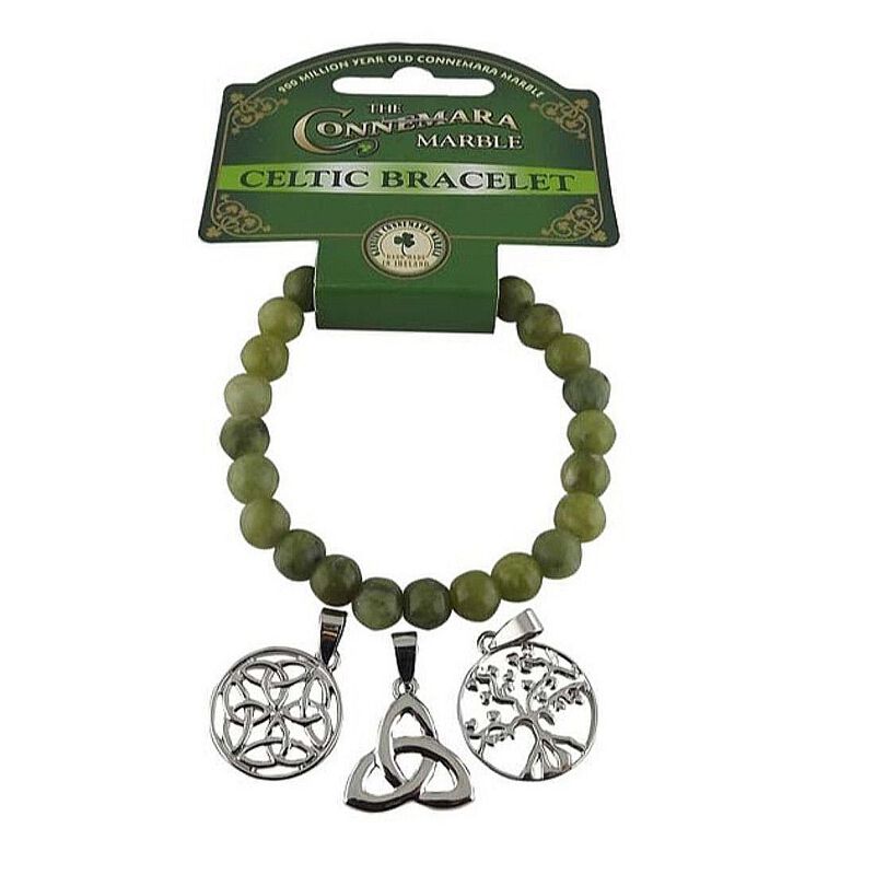 Connemara Marble Triple Charm Bracelet With Tree Of Life And Trinity Knot