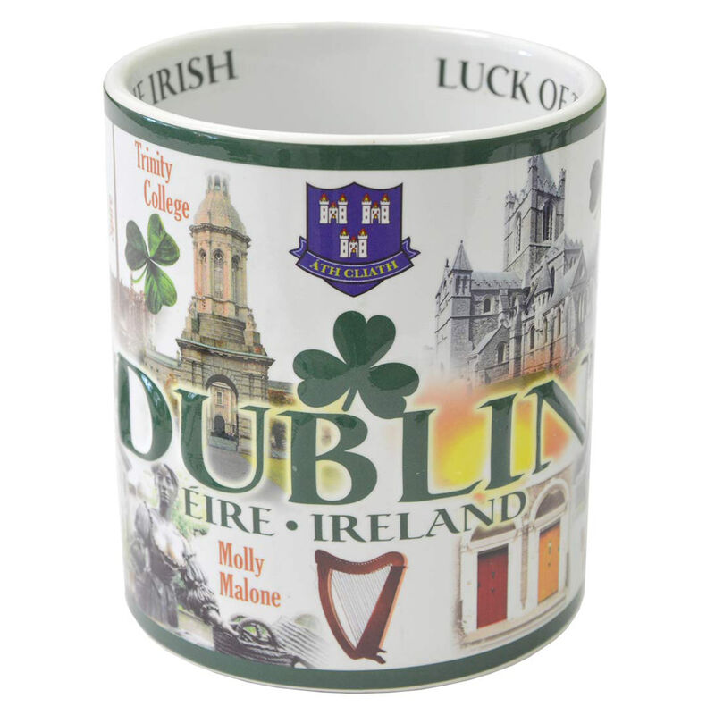 Famous Landmarks Of Dublin XXL Mug With Shamrocks And Green Text