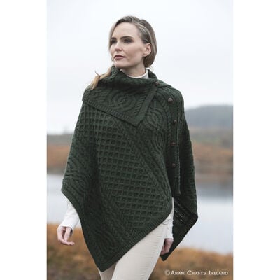 Ladies Traditional Buttoned Cowl Neck Poncho Soft Army Green Colour