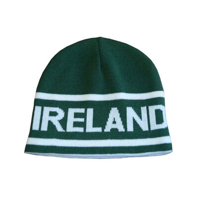 Knitted Green Beanie Hat With Ireland Lettering In White