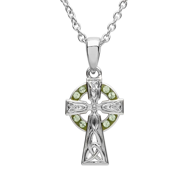 Platinum Plated Celtic Cross Pendant With Circle Of Peridot Swarovski Crystal
