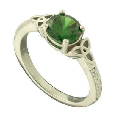 Hallmarked Sterling Silver Celtic Trinity Ring With Emerald Cubic Zirconia