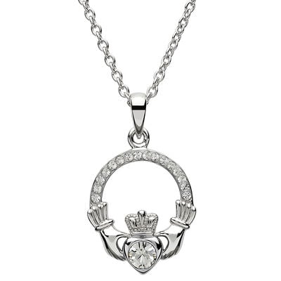 Shanore Claddagh April White Crystal Birthstone Pendant Adorned With Crystal