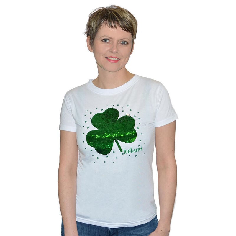 Shamrock Print Ladies V-Neck T-Shirt With Sequins  Green Colour
