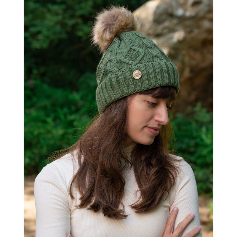 Irish Knitwear Co. Knitted Bobble Hat With Faux, Green Colour