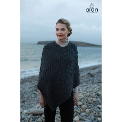 Super Soft Merino Wool Triangular Aran Cable Knitted Poncho ,Charcoal Colour
