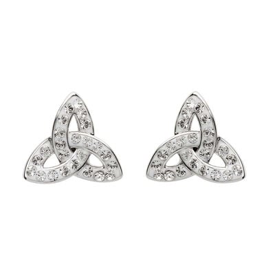 Platinum Plated Trinity Knot Stud Earrings With Clear Swarovski Crystals  Domed