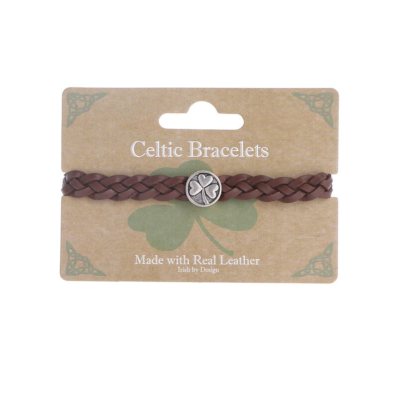 Celtic 4 Strand Leather Bracelet With Shamrock Charm, Brown Colour