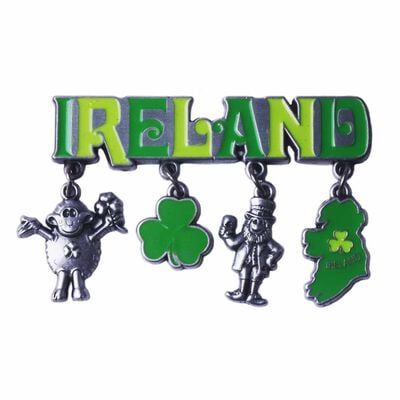 Metal Magnet With Green Ireland Text Designed With Famous Icons Of Ireland Charms